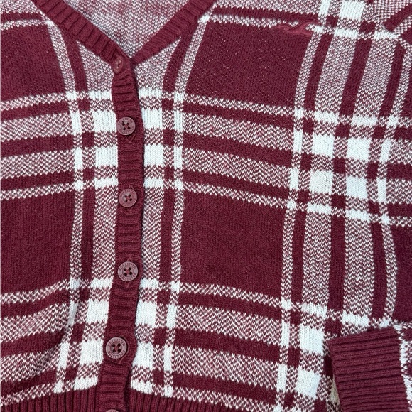 ♥️ Hollister Burgundy White Plaid Cropped Cardigan Size S - Picture 5 of 11